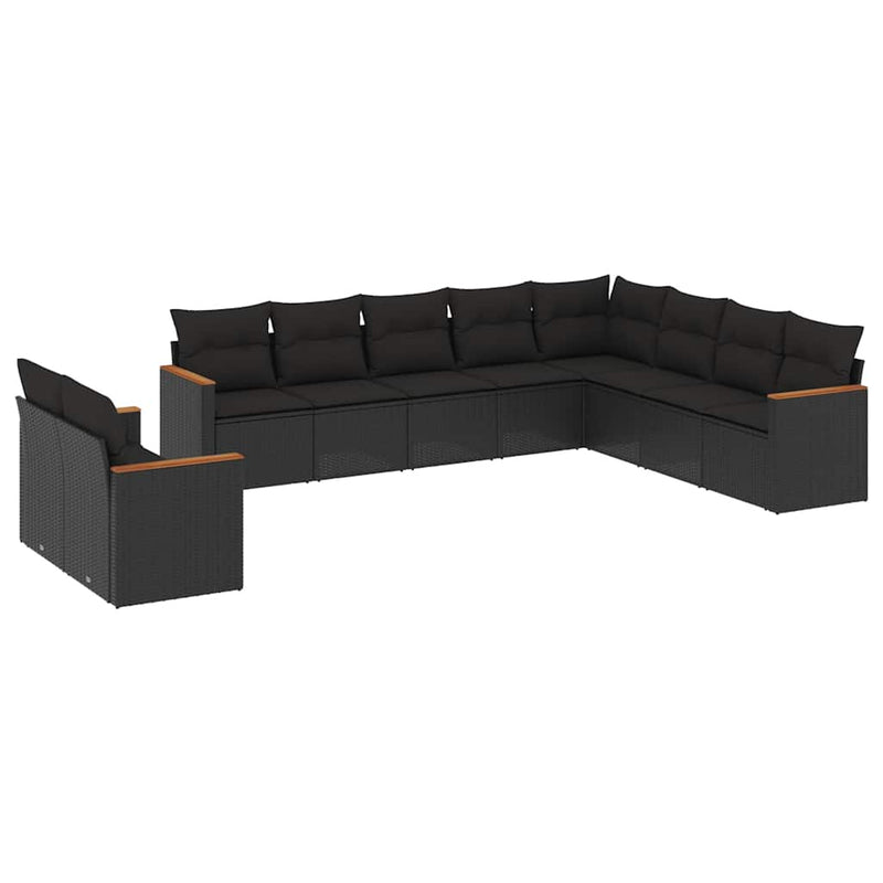 Set canapele de grădină cu perne, 10 piese, negru, poliratan