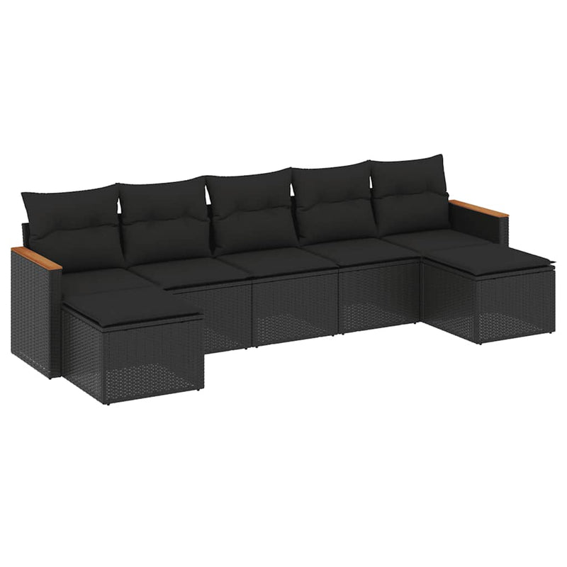 Set canapele de grădină cu perne, 7 piese, negru, poliratan