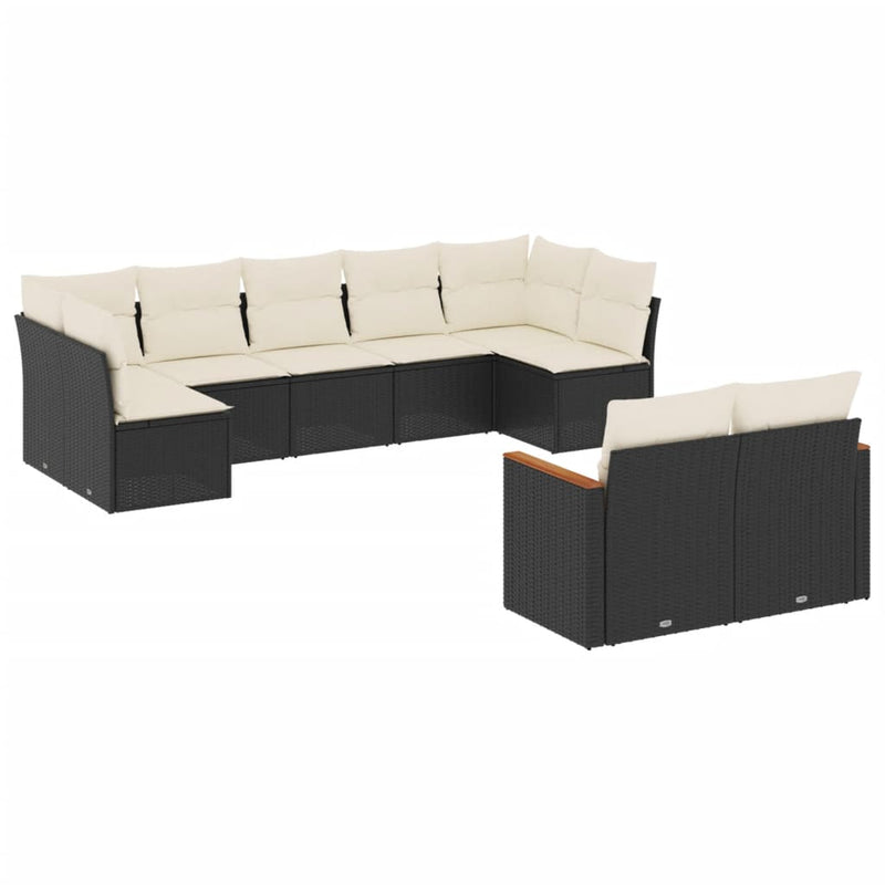 Set mobilier de grădină cu perne, 9 piese, negru, poliratan