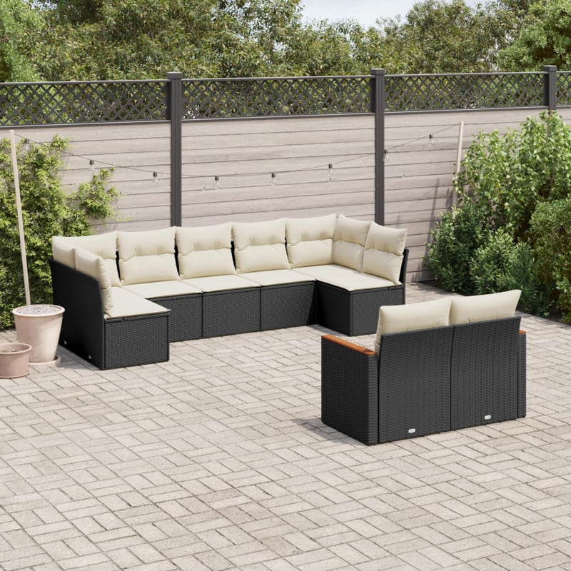 Set mobilier de grădină cu perne, 9 piese, negru, poliratan