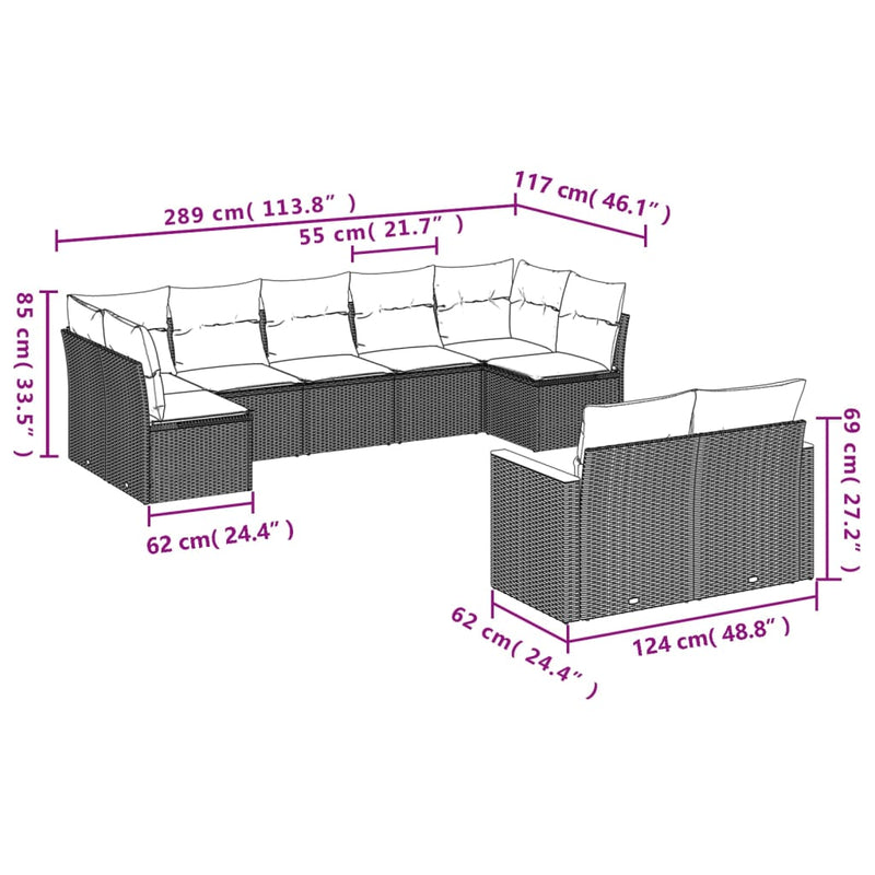 Set canapele de grădină, 9 piese, cu perne, gri, poliratan