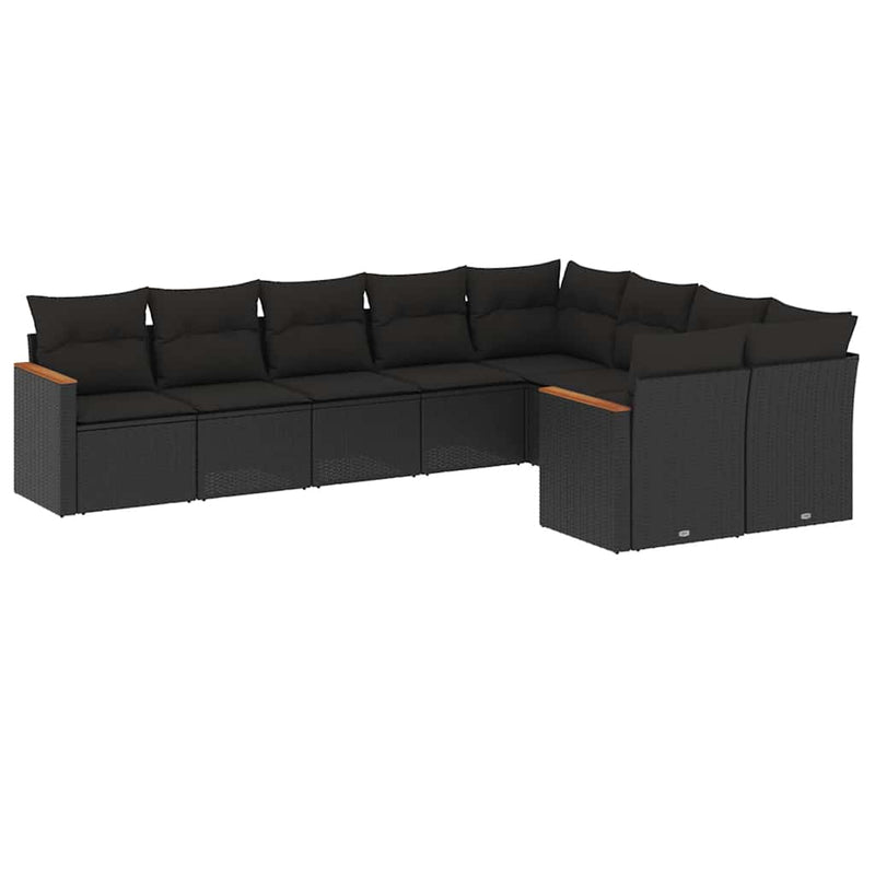 Set mobilier de grădină cu perne, 9 piese, negru, poliratan