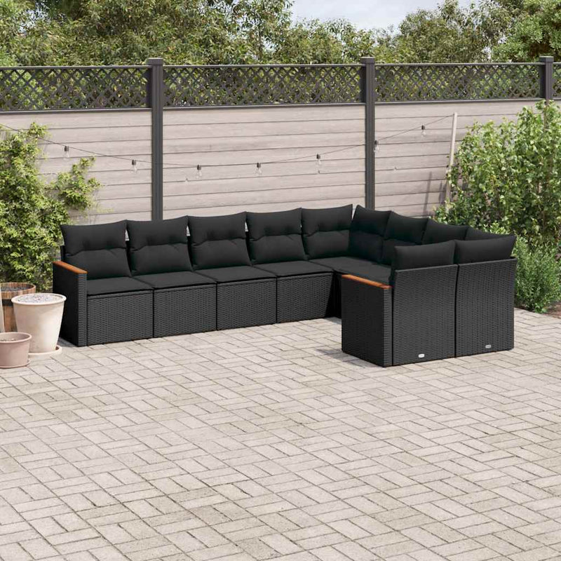 Set mobilier de grădină cu perne, 9 piese, negru, poliratan