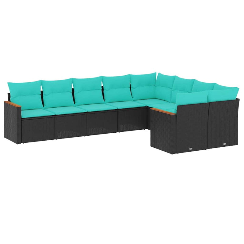 Set canapele de grădină cu 9 piese și perne, poliratan negru
