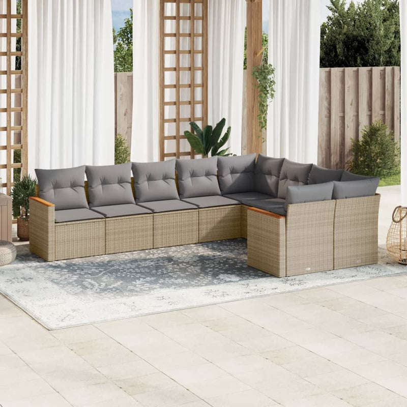 Set canapele de grădină, 9 piese, cu perne, bej, poliratan