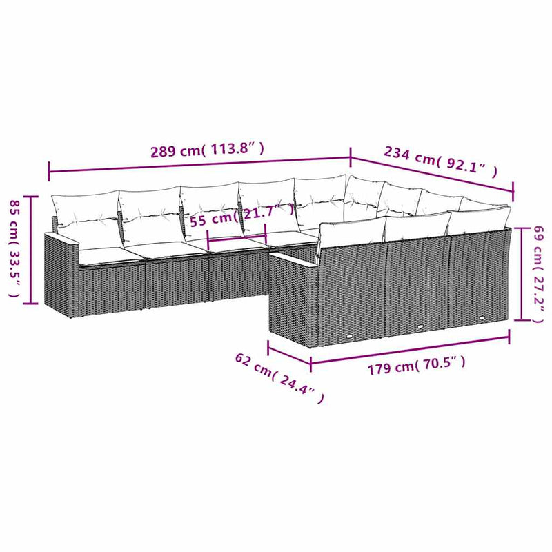 Set canapele de grădină cu perne, 10 piese, negru, poliratan