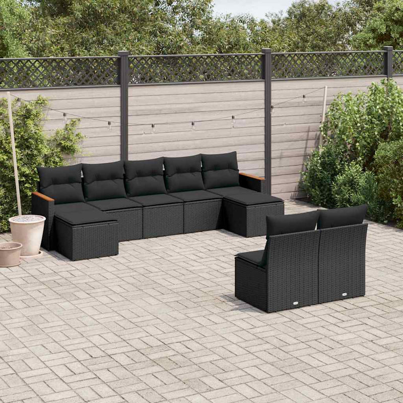 Set mobilier de grădină cu perne, 9 piese, negru, poliratan