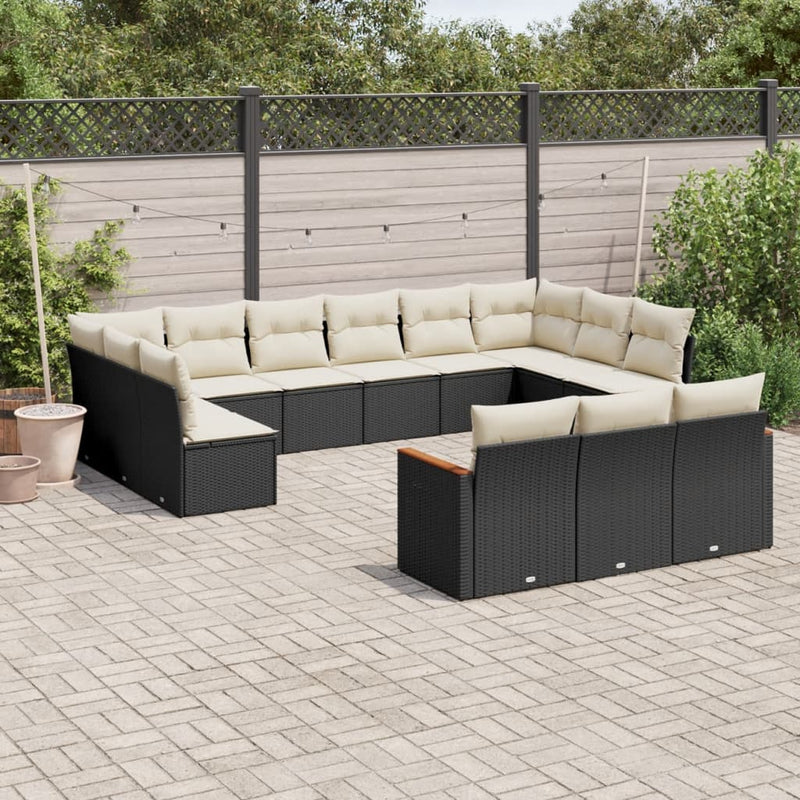 Set mobilier de grădină cu perne, 13 piese, negru, poliratan