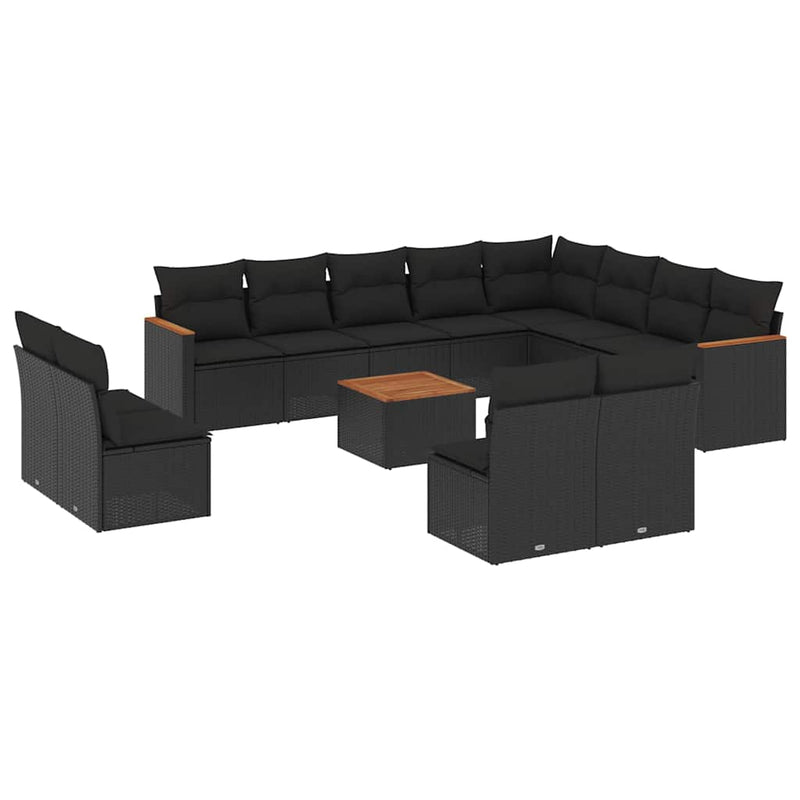 Set mobilier de grădină cu perne, 13 piese, negru, poliratan
