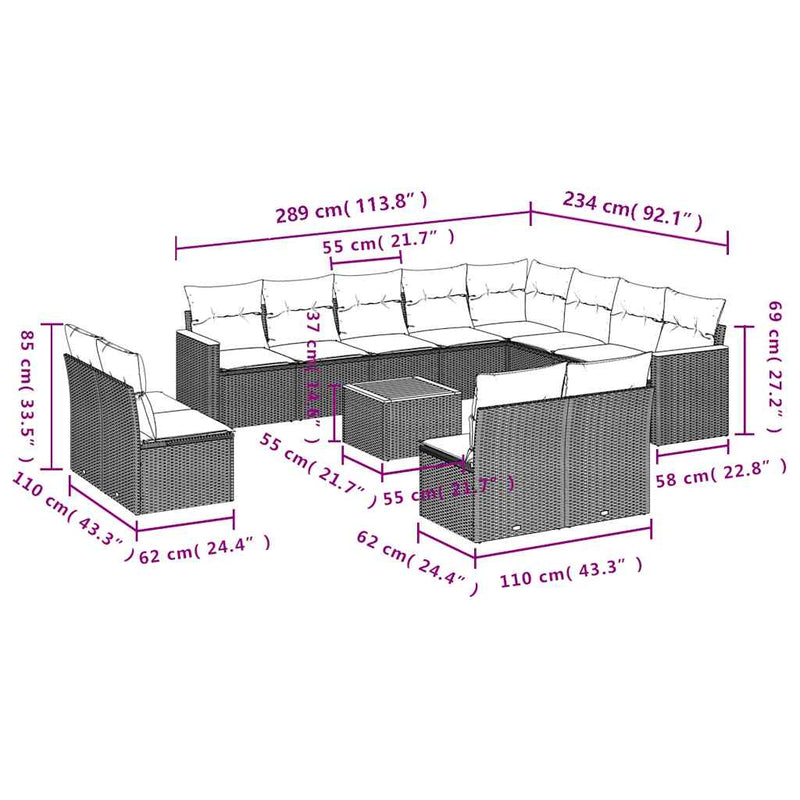 Set mobilier de grădină cu perne, 13 piese, negru, poliratan