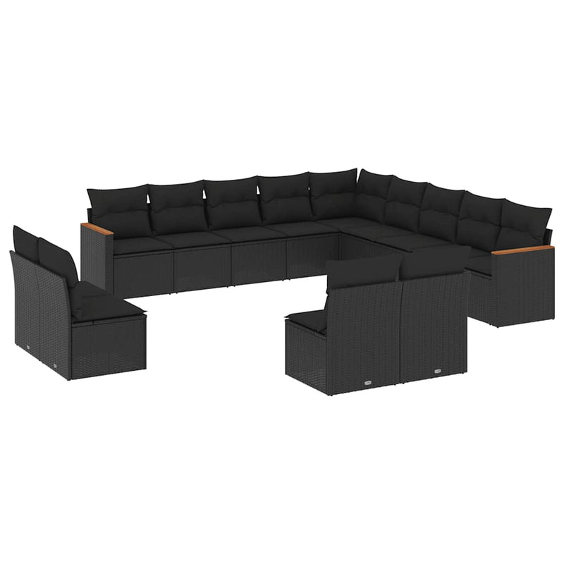 Set mobilier de grădină cu perne, 13 piese, negru, poliratan