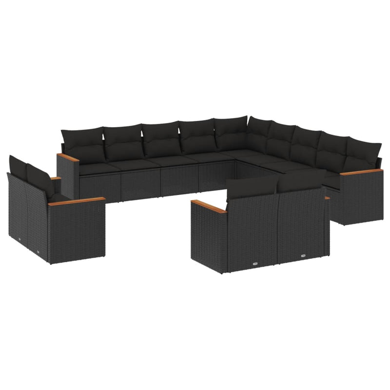 Set mobilier de grădină cu perne, 13 piese, negru, poliratan