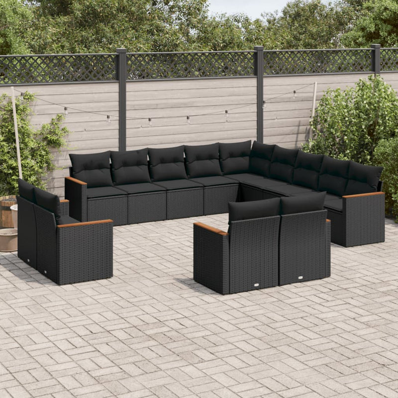 Set mobilier de grădină cu perne, 13 piese, negru, poliratan