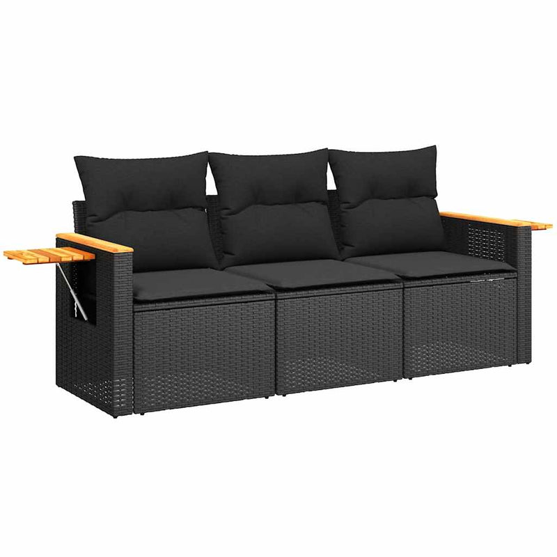 Set mobilier de grădină cu perne, 3 piese, negru, poliratan