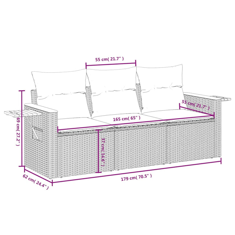 Set mobilier de grădină cu perne, 3 piese, negru, poliratan