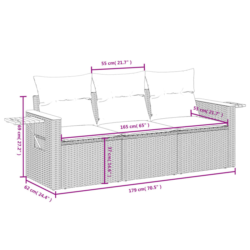 Set mobilier de grădină cu perne, 3 piese, negru, poliratan
