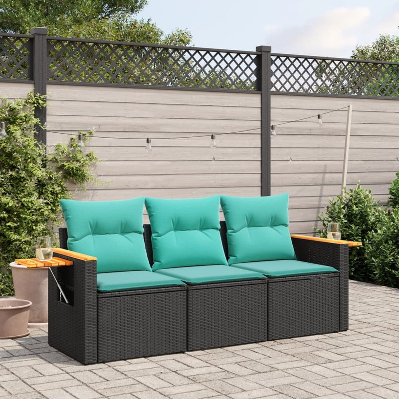 Set mobilier de grădină cu perne, 3 piese, negru, poliratan