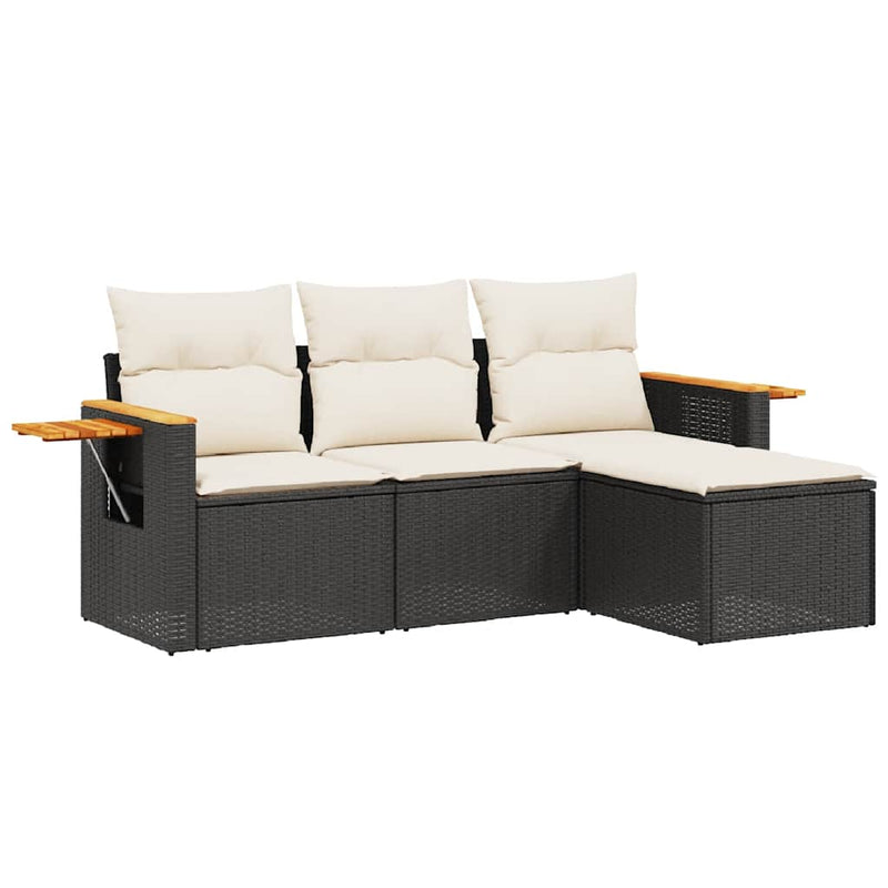 Set mobilier de grădină cu perne, 4 piese, negru, poliratan