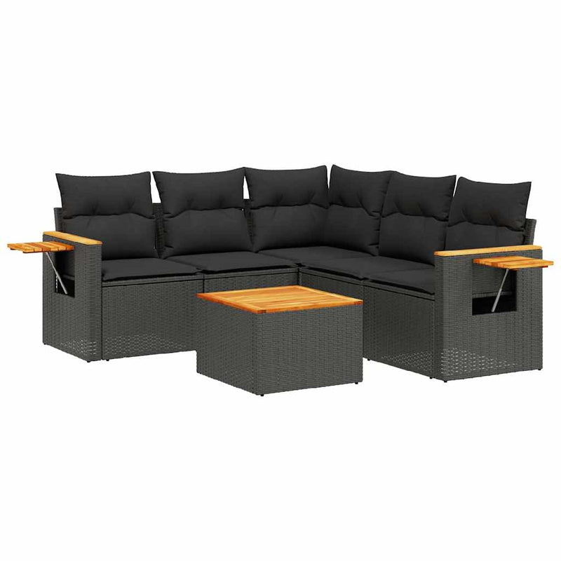 Set mobilier de grădină cu perne, 6 piese, negru, poliratan