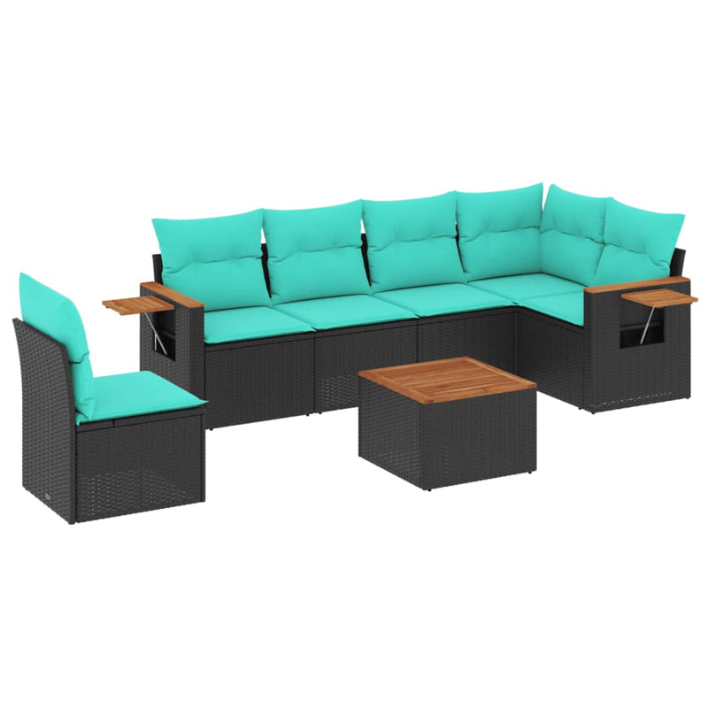 Set canapele de grădină cu perne, 7 piese, negru, poliratan