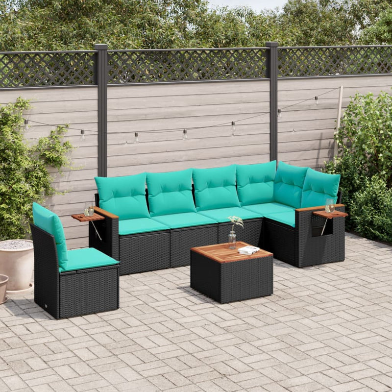 Set canapele de grădină cu perne, 7 piese, negru, poliratan