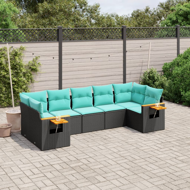 Set canapele de grădină cu perne, 7 piese, negru, poliratan