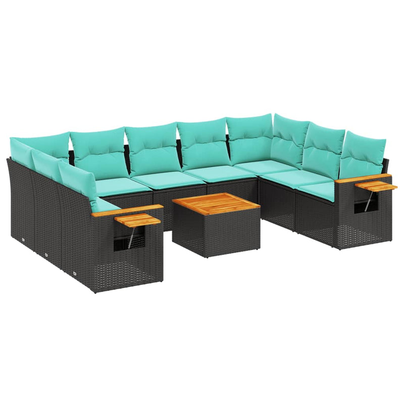Set canapele de grădină cu perne, 10 piese, negru, poliratan