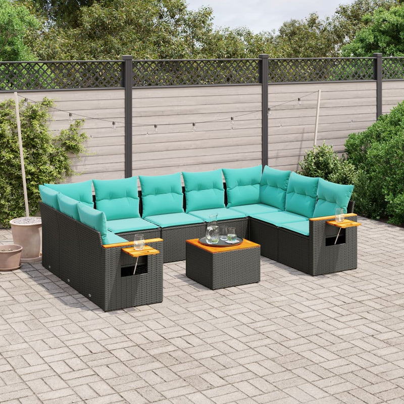 Set canapele de grădină cu perne, 10 piese, negru, poliratan