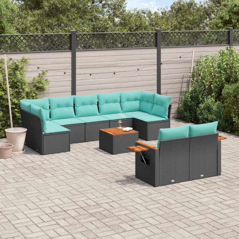 Set canapele de grădină cu perne, 10 piese, negru, poliratan