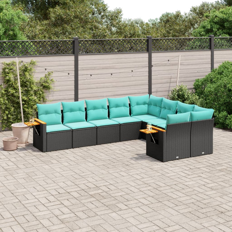 Set mobilier de grădină cu perne, 9 piese, negru, poliratan