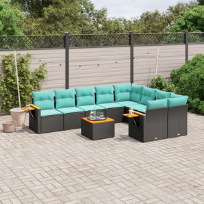 Set canapele de grădină cu perne, 10 piese, negru, poliratan