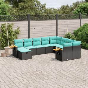 Set canapele de grădină cu perne, 10 piese, negru, poliratan