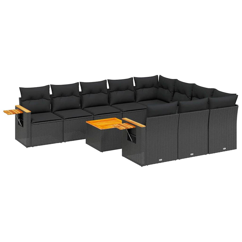 Set canapele de grădină cu perne, 11 piese, negru, poliratan