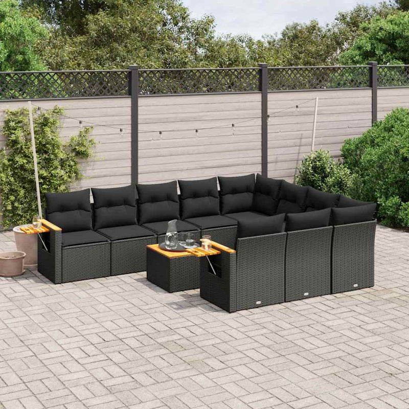 Set canapele de grădină cu perne, 11 piese, negru, poliratan