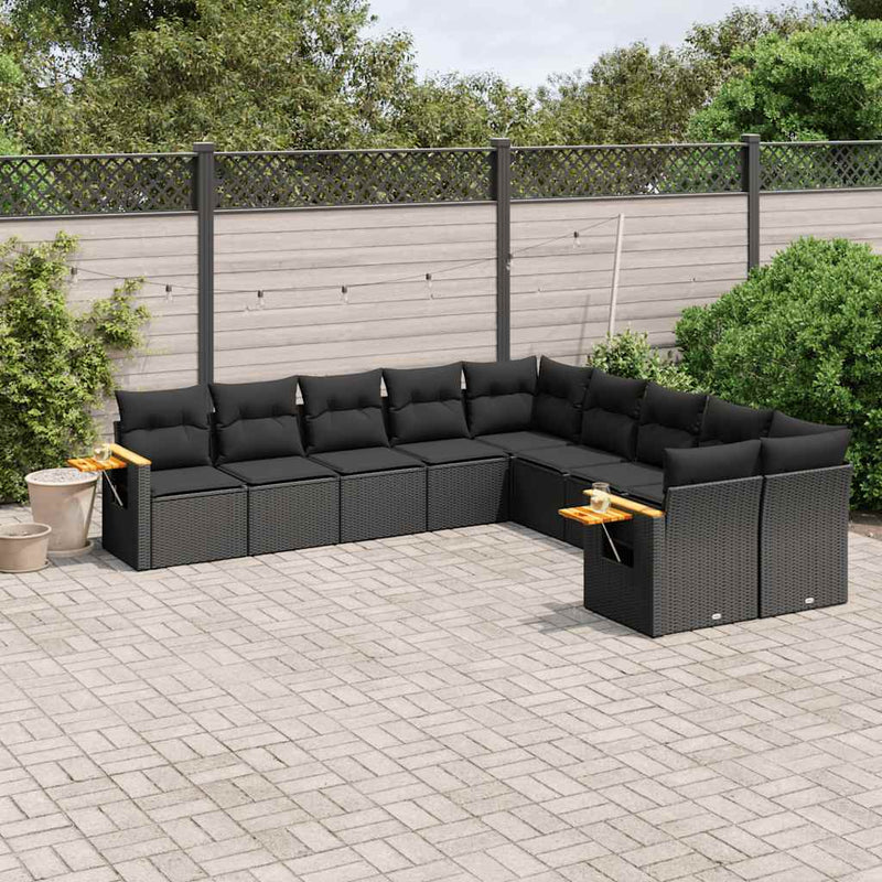Set canapele de grădină cu perne, 10 piese, negru, poliratan