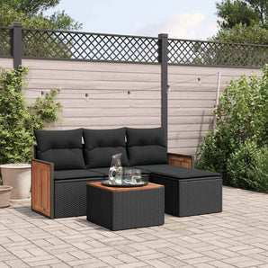 Set mobilier de grădină cu perne, 5 piese, negru, poliratan