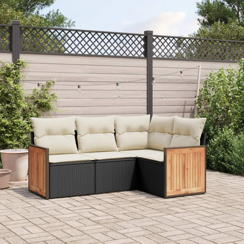 Set mobilier de grădină cu perne, 4 piese, negru, poliratan