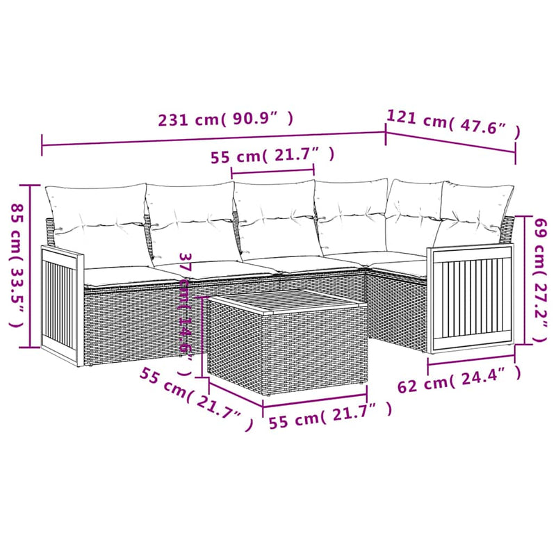 Set mobilier de grădină cu perne, 6 piese, negru, poliratan