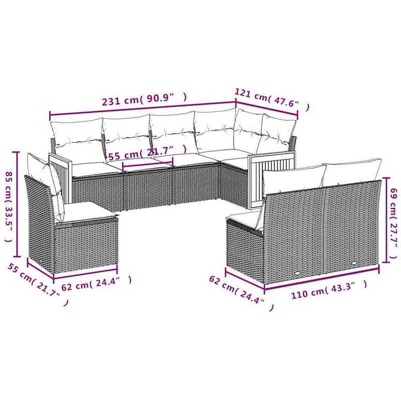 Set mobilier de grădină cu perne, 8 piese, negru, poliratan
