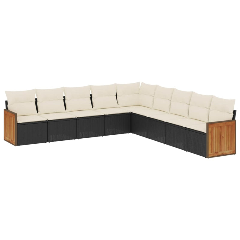 Set mobilier de grădină cu perne, 9 piese, negru, poliratan
