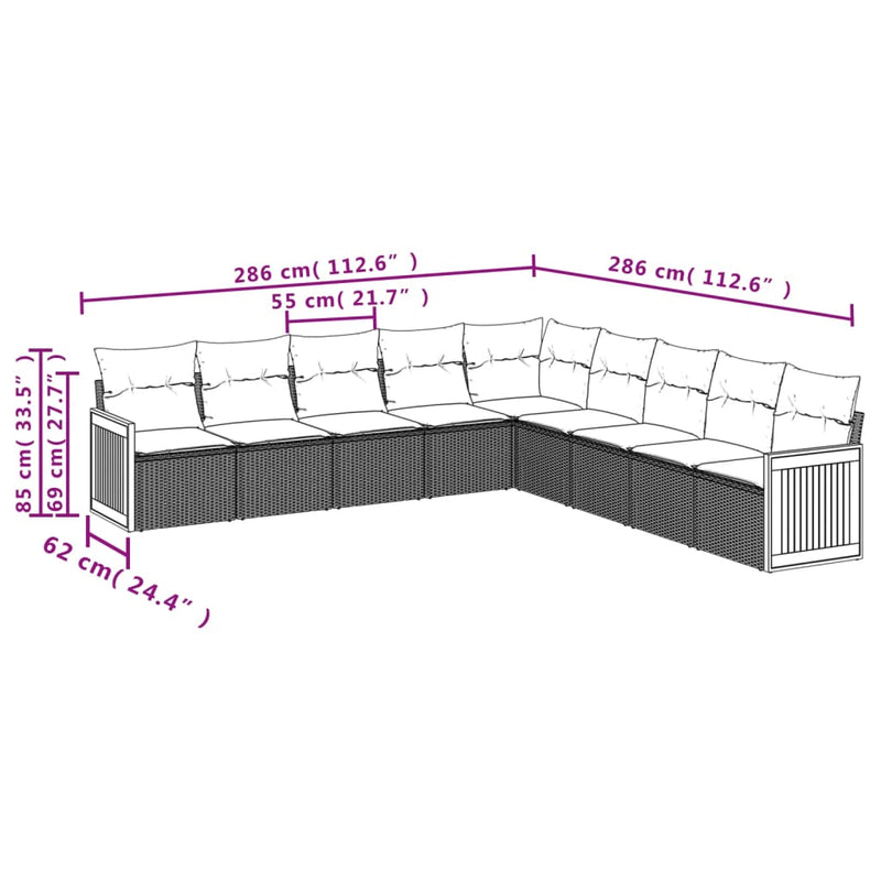 Set mobilier de grădină cu perne, 9 piese, negru, poliratan