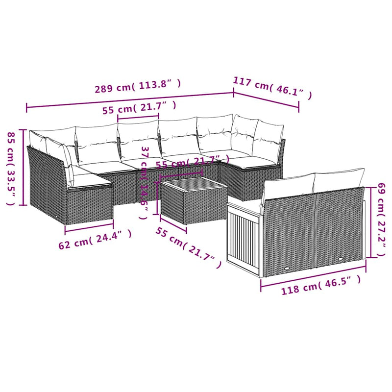 Set mobilier de grădină cu perne, 9 piese, negru, poliratan