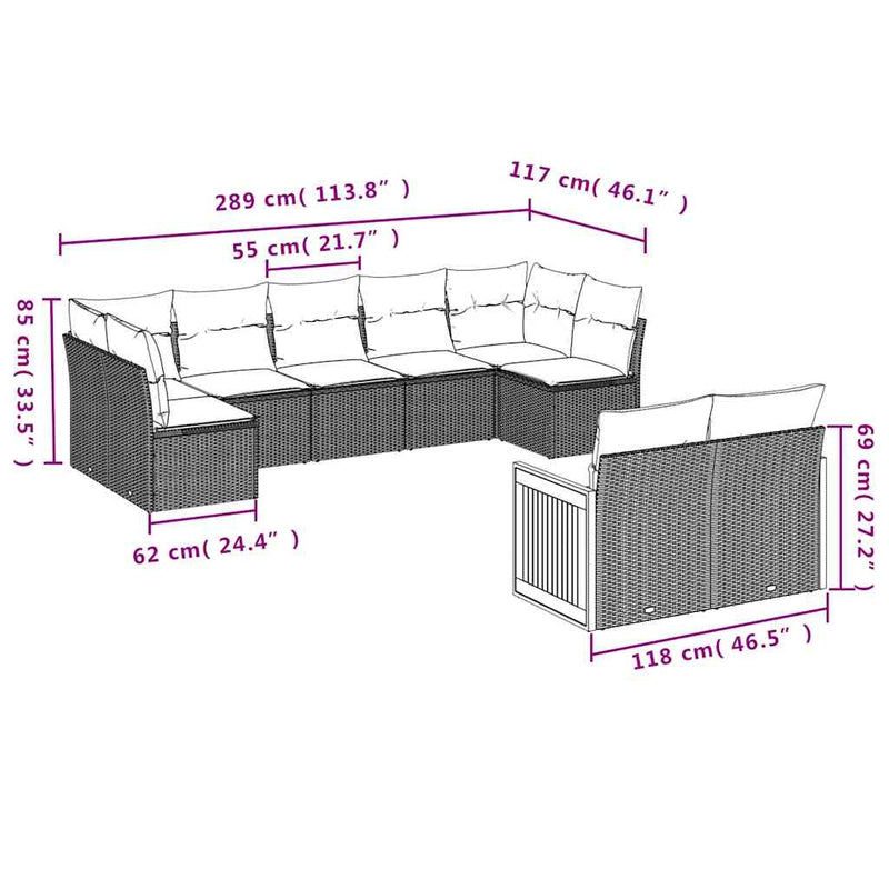 Set mobilier de grădină cu perne, 9 piese, negru, poliratan
