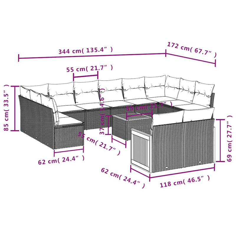 Set mobilier de grădină cu perne, 13 piese, negru, poliratan