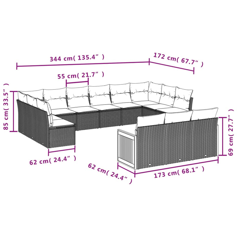 Set mobilier de grădină cu perne, 13 piese, negru, poliratan