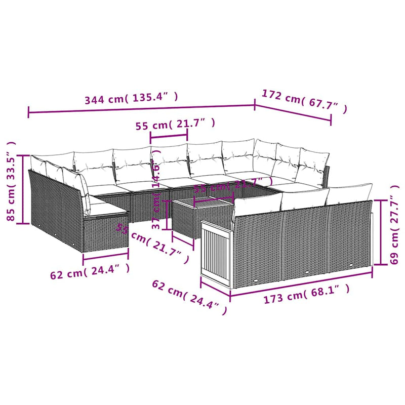 Set mobilier de grădină cu perne, 14 piese, negru, poliratan
