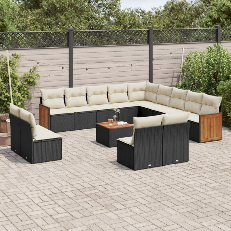 Set mobilier de grădină cu perne, 14 piese, negru, poliratan