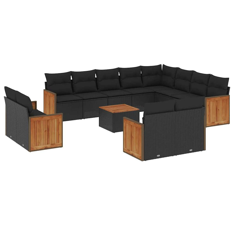 Set mobilier de grădină cu perne, 13 piese, negru, poliratan