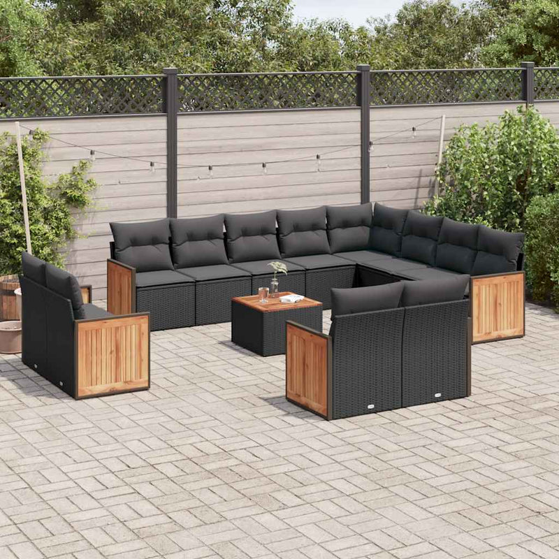 Set mobilier de grădină cu perne, 13 piese, negru, poliratan