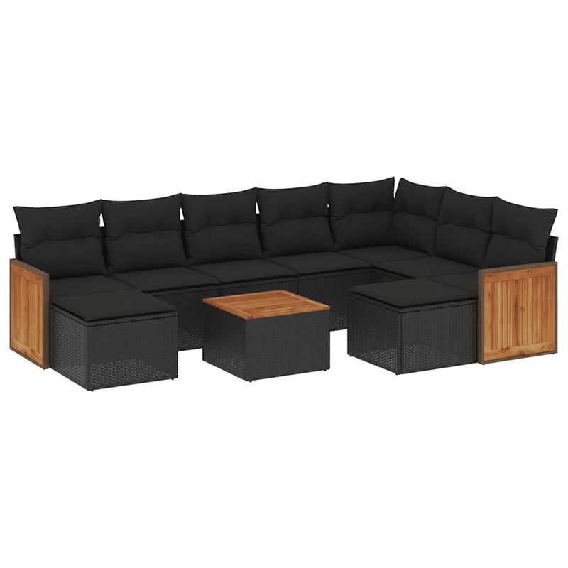 Set canapele de grădină cu perne, 10 piese, negru, poliratan